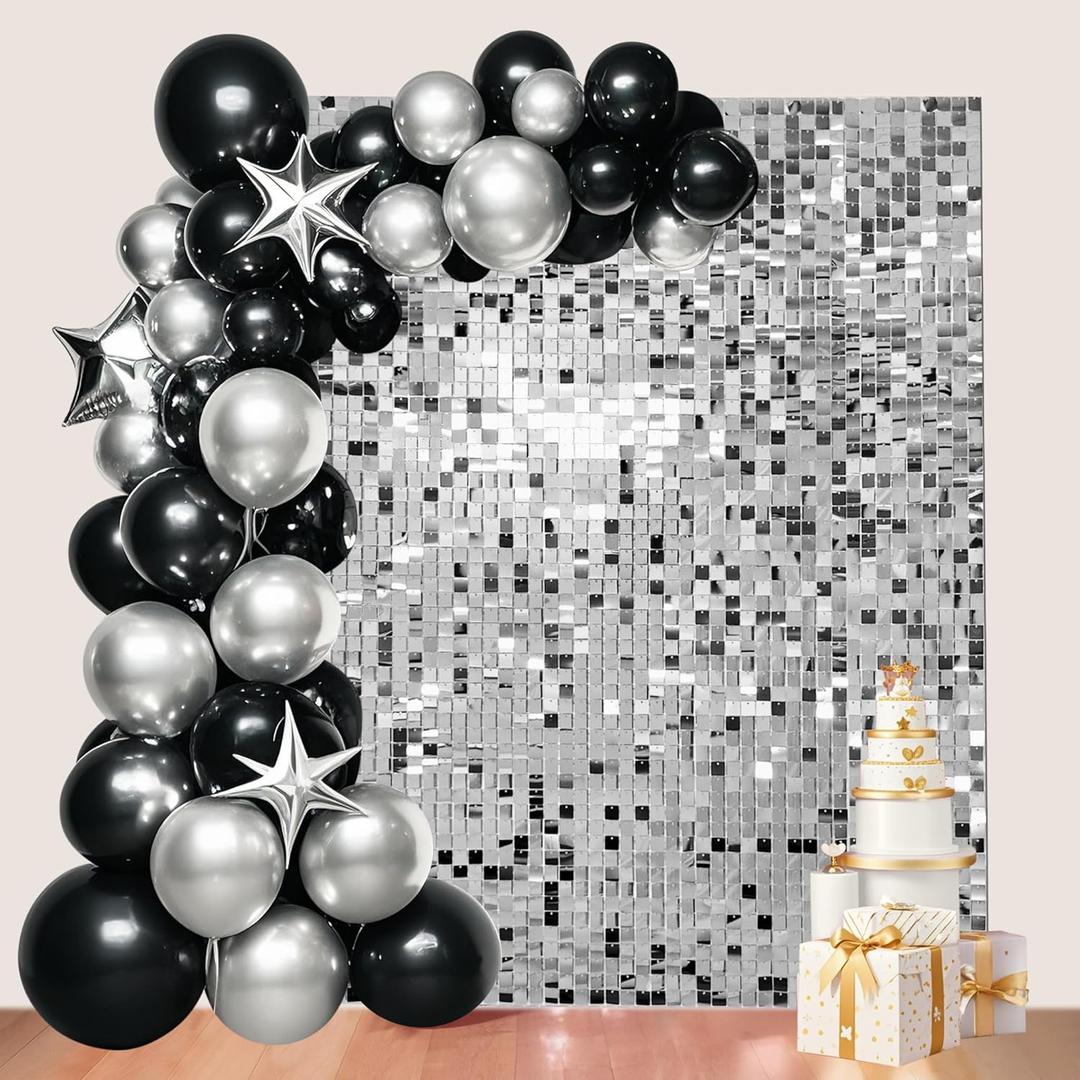 24 Pcs Silver Shimmer Wall Backdrop Panels for Party Decoration, 12 inch x 12 inch Silver Sequin Backdrop for Birthday Graduation Anniversary Engagement