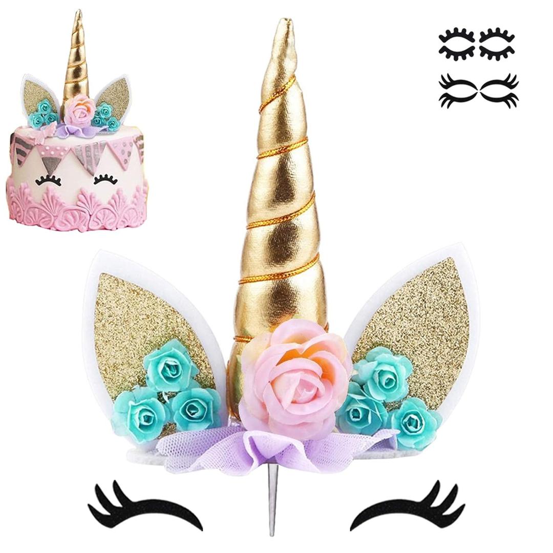 Unicorn Cake Topper Birthday Party Supplies Unicorn Birthday Decorations Gold Horn Cake Topper Accessory with Eyelashes Cute Handmade Reusable Cake Toppers for Girls Kids Women 5.8 Inch