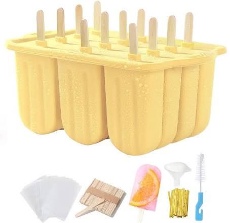 12-Cavity Popsicles Molds Set Homemade Maker Ice Pop Mold Silicone Freezer Molds with 50 Popsicle Sticks 50 Popsicle Bags 50 Ties Funnel Recipes and Cleaning Brush (Yellow)