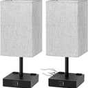 Bedside Table Lamps Set of 2 - Touch Nightstand Lamp for Bedroom with USB C+A Charging Ports & AC Outlets, 3-Way Dimmable Desk Lamp Grey Fabric Shade for Bedroom Living Room, Office(Bulb Included)