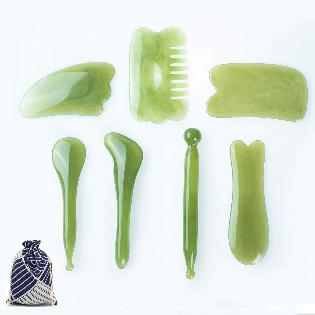 7 Pieces Gua Sha Scraping Massage Tool,Natural Resin GuaSha Tool Massage Tools Set for Face Back and Neck Release,Reduce Muscle Pain,with Storage Bag (Green)