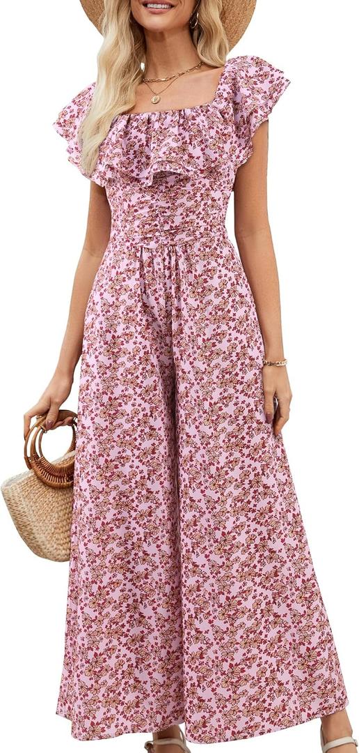 Gardenwed Women's Floral Wide Leg Jumpsuit, Ruffle Short Sleeve Square Neck Summer Casual Palazzo Romper with Pockets (S)