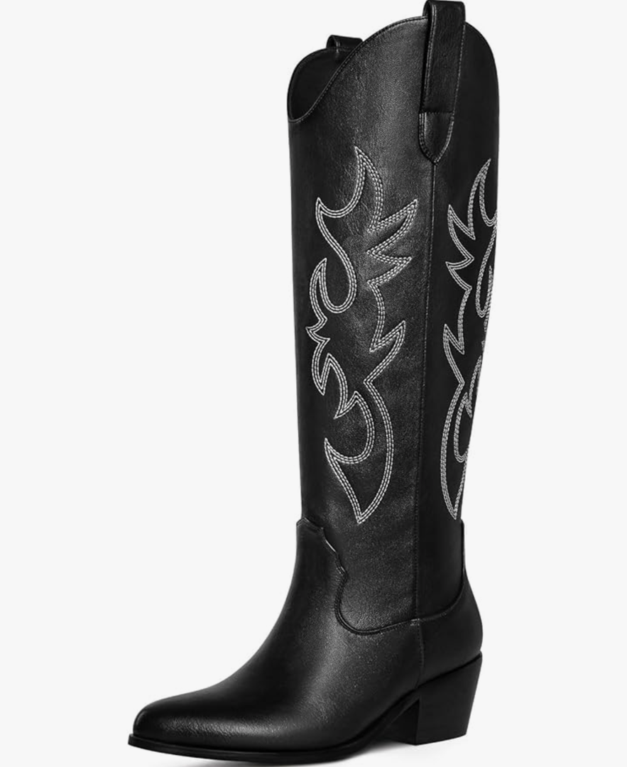 Ouepiano White Cowgirl Boots Women Cowboy Knee High Tall Boots Chunky Heel Pointed Toe Pull-On Western Wide Calf Boats Country Fashion 9