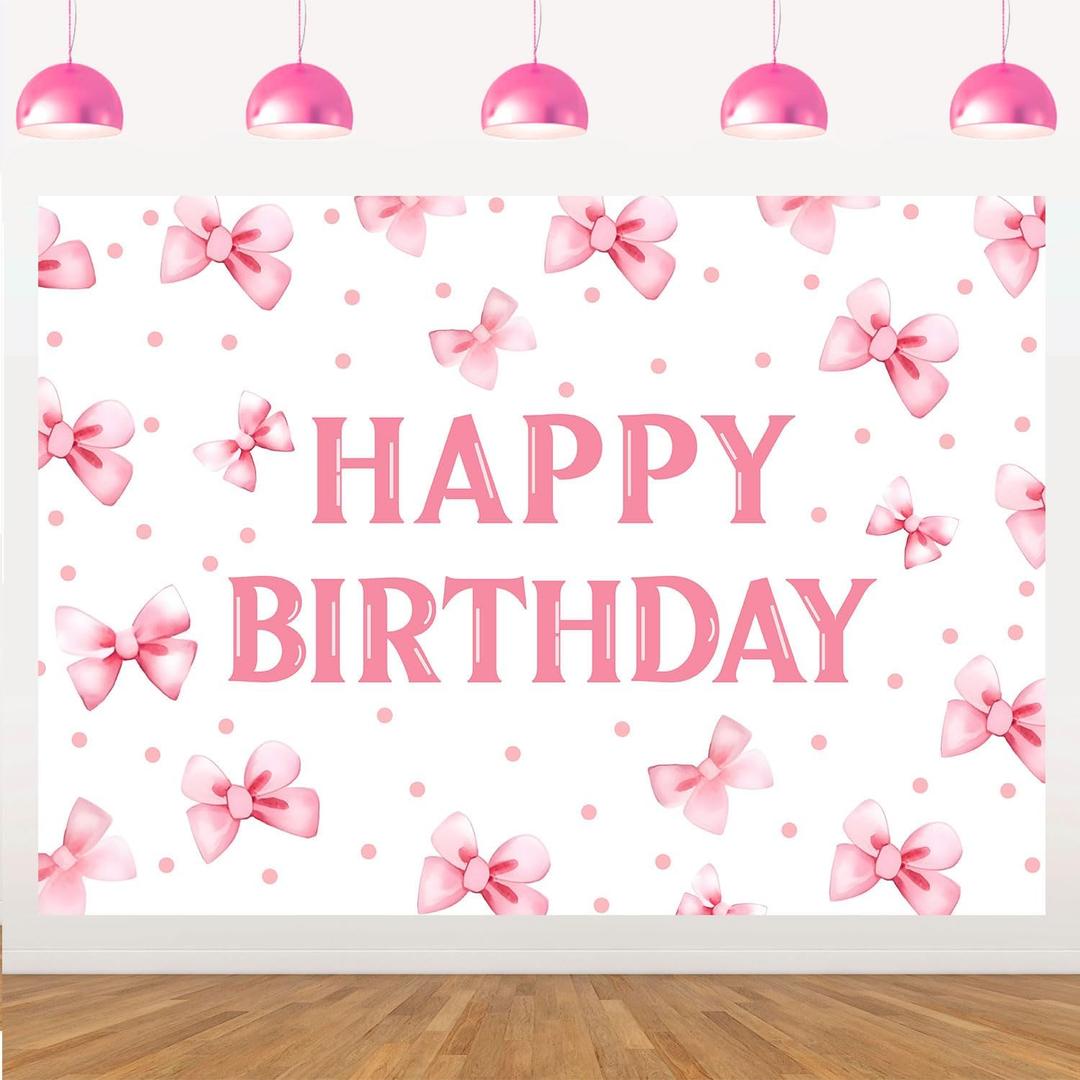 Pink Bow Party Decorations Bow Happy Birthday Backdrop Photography Background Cloth for Girls Kids Photo Booth Birthday Party Decor Supplies (5x3ft)