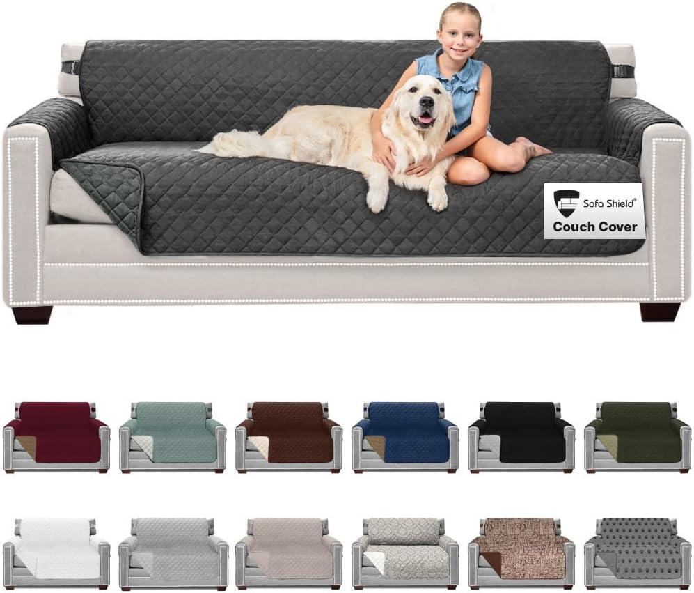 Sofa Shield Couch Slip Cover with Patented Strap, Cushion Protector, US Designed Reversible Stain and Dog Tear Resistant Slipcover, 78 inch Seat, Washable Covers for Dogs Pets Kids, Charcoal