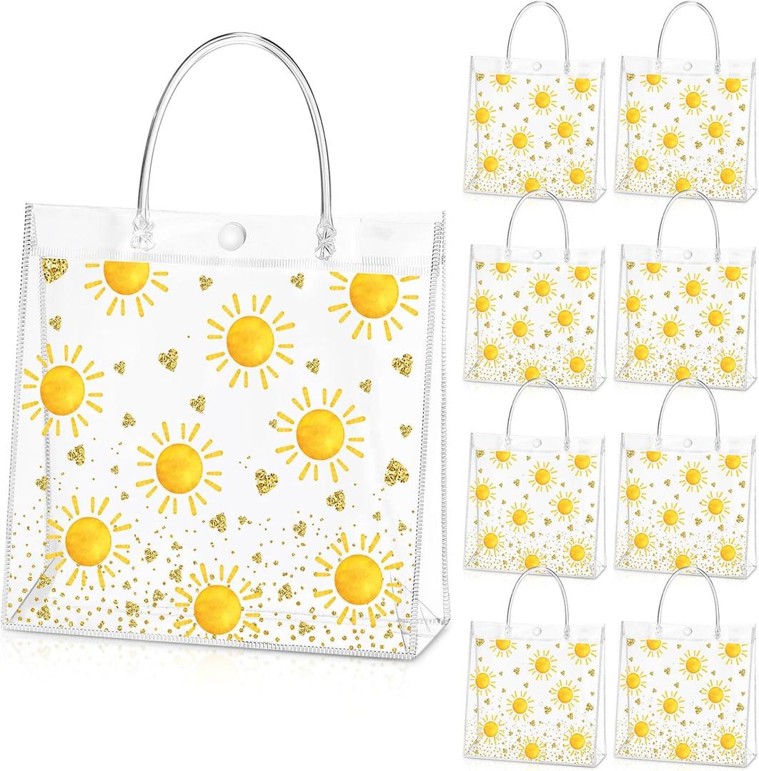 Hosuly 24 Pcs Boho Sun Clear PVC Gift Bags with Handle Button Reusable Yellow Sunshine Candy Treat Goodie Favor Bags for First Birthday Baby Shower Retro Summer Party Supplies