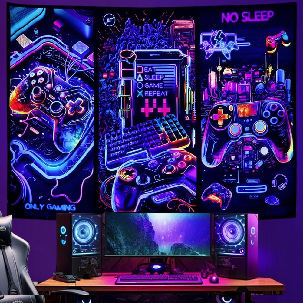 Galoker Blacklight Gaming Tapestry Cool Neon Game Controller Tapestry UV Reactive Gamer Player Wall Tapestries Funny Art Gaming Poster Tapestries Wall Hanging for Home Decor (59.1"L x 51.2"W)