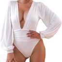 Syydn Women's Deep V Neck Tops Sexy Puff Sleeve Bodycon Jumpsuit Stretchy Bodysuit Jumpsuits (White, Small)