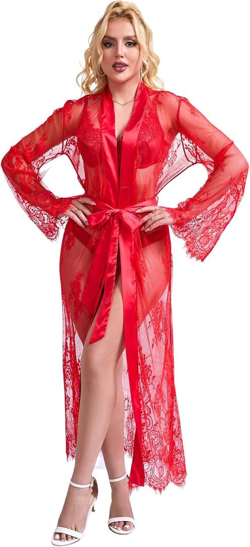 ohyeahlady Women's Lingerie Robe Sexy Long Lace Kimono Robe Nightgown Mesh Chemise Gown Swimsuit Cover Up S-2XL (Medium, Red)