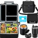 Bento Lunch Box for Kids with 17oz Soup Thermo,Insulated Tumbler Water Bottle and Insulated Lunch Bag,Leak-Proof 3 Compartment Lunch Food Container with Ice Pack for Kids to School-Black
