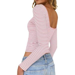 Long Sleeve Shirts for Women Sexy Backless Striped Tops Going Out T-Shirt Y2K Crop Womens Blouse Boat Neck Outfit (Medium, Pink)