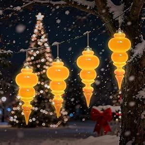Lanpn 4 Pcs 15" Outdoor LED Ornament, Large Christmas Battery Powered Finial Lights, Xmas Tree Finial Bulb Decor with Dark Sensor, Christmas Lighted Ornaments for Lawn Garden Yard Patio, Gold