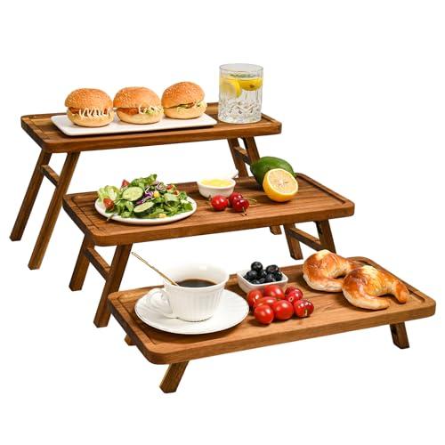GEHE 3 Tier Serving Stand, Acacia Wood Dessert Table Display Cupcake Stand, Rustic Foldable 3-Tiered Serving Trays & Platters, Large Charcuterie Board for Birthday Wedding Bridal Shower Tea Party