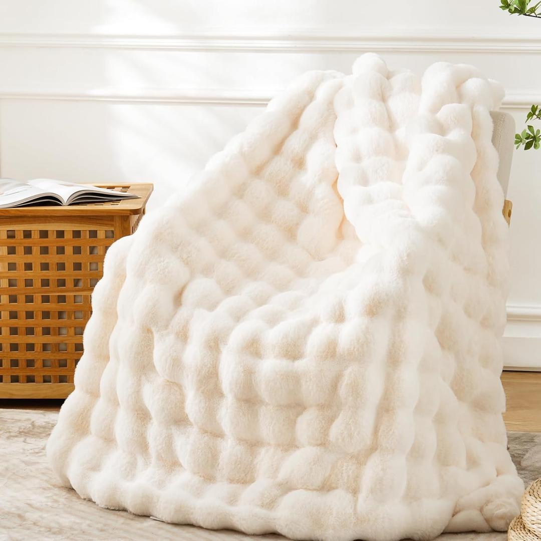 BENVWE Faux Fur Throw Blanket for Couch - Cozy Plush Fluffy Soft Thick Bubble Blanket for Living Room Home Decor - Mothers Day Birthday Gifts for Women, Cream White, 51" x 63"