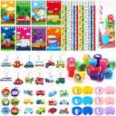 Pasimy 96 Pcs Transportation Party Favors Vehicle Birthday Party Favors Fire Truck Mini Notepad Bus Sticker Police Car Keychain Transport Themed Supplies for Traffic Theme Goodie Bag Filler Prize Gift