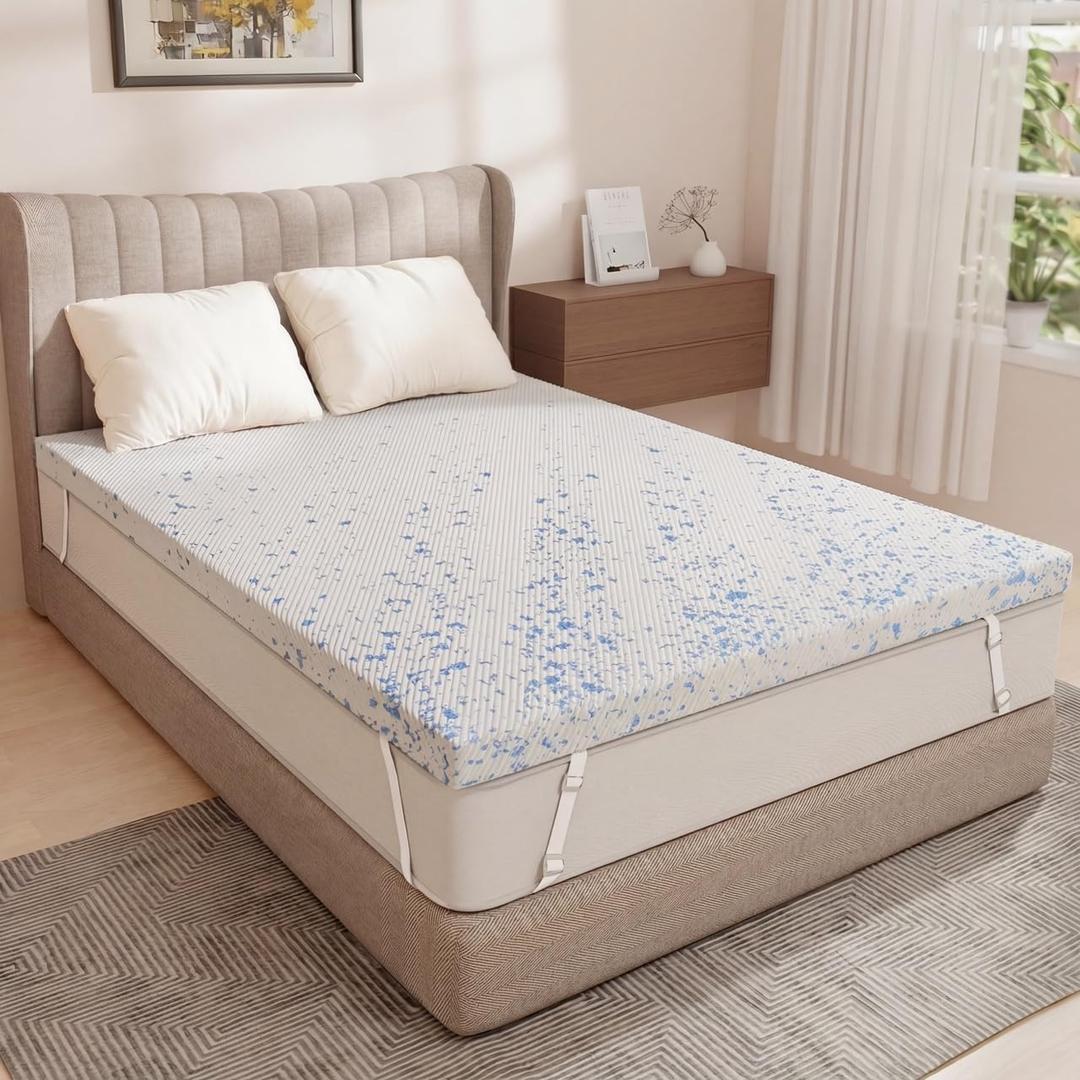 OhGeni 3 Inch Cooling Full Size Gel Memory Foam Mattress Topper Pad,Soft Bed Cover with Anti-Slip Base & Zipper,Fits 6"-19" Mattresses with Straps,Extra Comfort for Sleep &Back Pain Relief