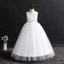 Little Big Girl Flower Tulle Dress Princess Pageant Birthday Party Wedding Formal Floor Long Dance Evening Maxi Gown (White, S)