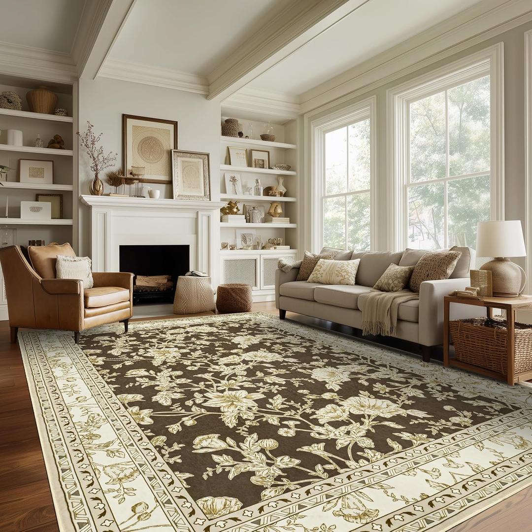 Brown Floral Print Area Rugs for Bedroom Living Room Boho Farmhouse Country Rustic Dining Room Carpet Soft Washable Rugs Non Slip Floor Covering for Nursery Playroom 10x14