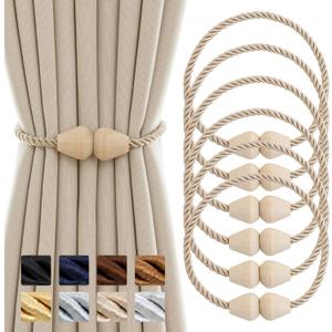 Curtain Tiebacks Wooden Magnetic Curtain Tie Backs Boho 6 Pack Rope Curtain Holders for Drapes Handmade Window Curtain Holdbacks, Beige