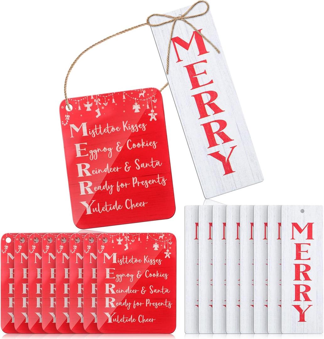 Roowest 16 Set/32 Pcs Merry Christmas Word Ornaments with Wooden Story Card Christmas Acrylic Merry Ornaments Xmas Party Gifts for Xmas Tree Stocking Stuffers Treat Bag Favors
