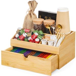 Coffee Bar Organizer Countertop with Drawer, Cafe Station Storage for Bar Accessories,Bamboo Espresso Bar Decor Holder for Bar Decor,Bamboo (Bamboo)