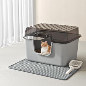 Oneluck Large Cat Litter Box with Transparent Covered,Mat and Scoop, Convenient for Observing Cats, Front Door Flap for Privacy, Gray