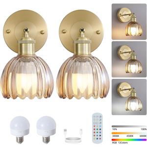 Battery Operated Wall Sconces Set of Two, Vintage Rechargeable Gold Wireless Lights with Amber Tulip Glass Shade & Remote, Dimmable LED Wall Lamp for Bedroom Living Room