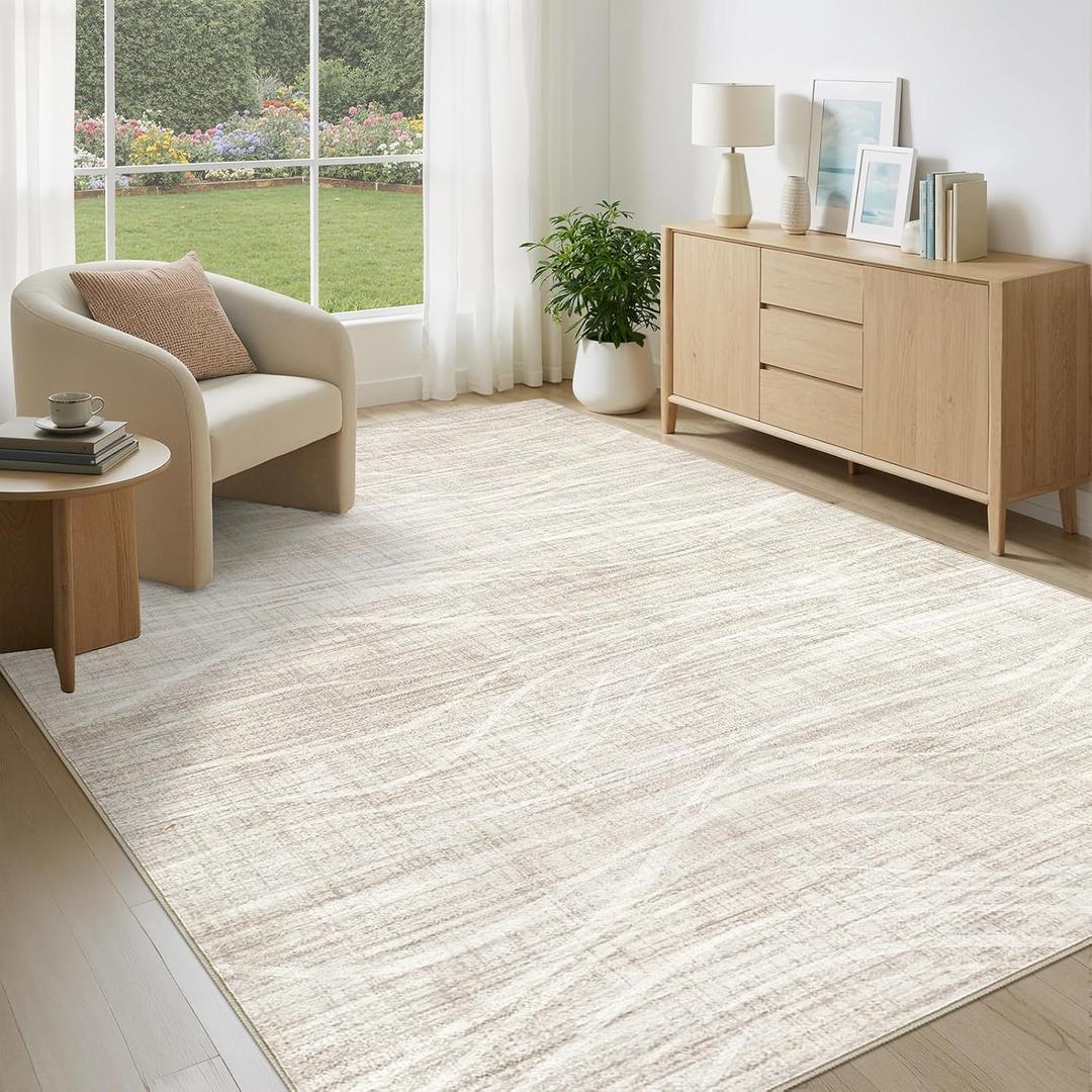 WITSHOCK Living Room Rug 6x9 Washable Area Rug Modern Abstract Rugs Non Slip Carpet for Bedroom Dining Room Nursery Kitchen Office Home Decor Stain Resistant Soft Wave Striped Neutral Rug, Beige