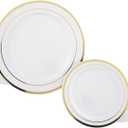 Prestee 50-Piece Disposable Plates Set - White with Gold Rimmed Plastic Plate for Parties, Holidays, Weddings - Includes 25 Dinner Plates and 25 Small Salad Platter - Ideal Thanksgiving Plate, 10x7 Inch