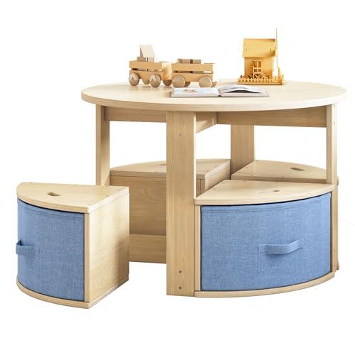 EXPERLAM Toddler Table and Chair Set, Round Kids Table and Chairs with Nesting Design, Wooden Activity Table & 4 Storage Drawers Chairs for Daycare Nursery Playroom