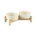 Havniva Ceramic 5.1inch Raised Double Bowls Set with Wooden Stand, Elevated Food & Water Bowls for Small Breed Dogs, Cats, Kitty, Weighted Dog Dishes, Pet Bowls(13.5oz, Beige)