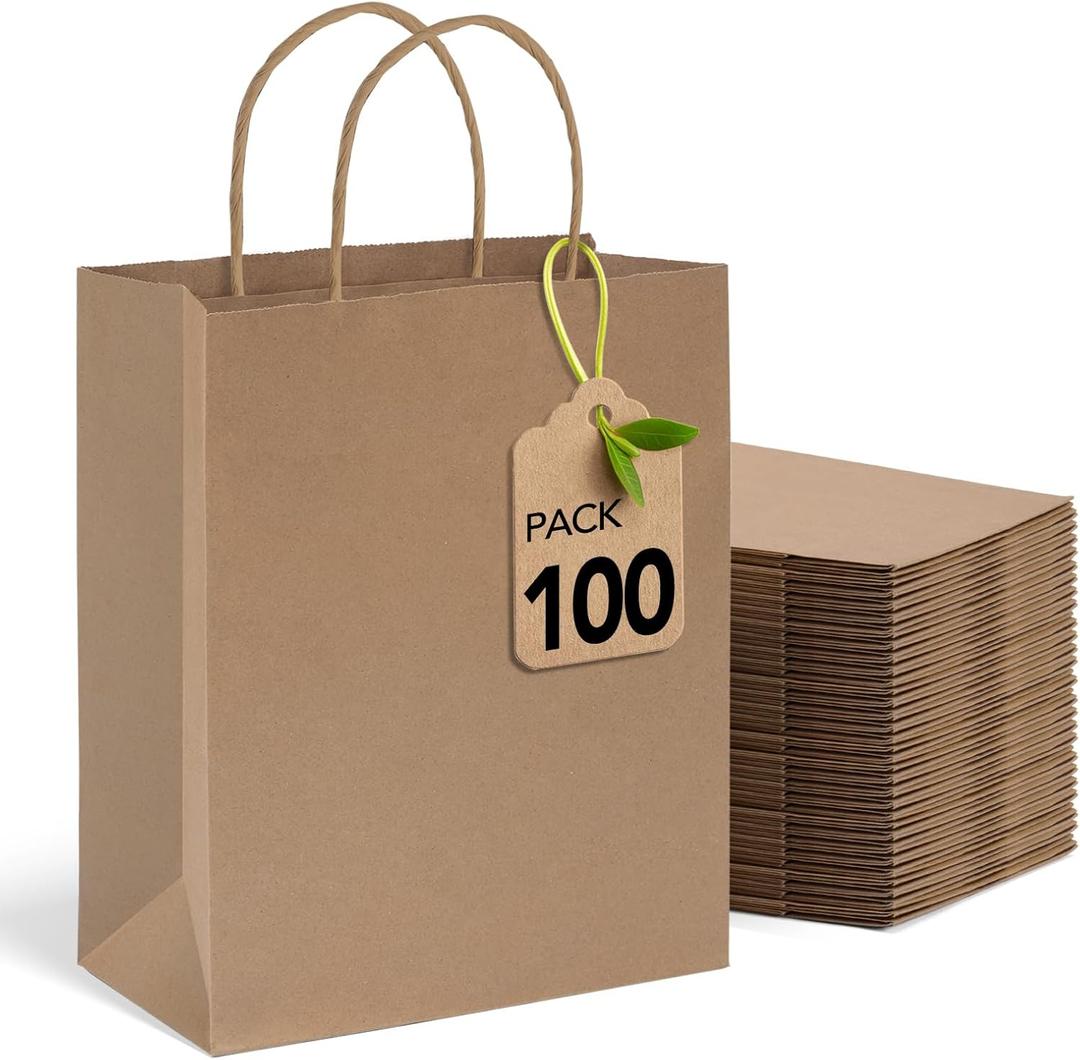 MESHA Brown Kraft Paper Bags 10x5x13 Inch 100Pcs, Large Gift Bags with Handles Bulk,Reusable Shopping Bag for Business Merchandise Retail Birthday Kids Party Favors