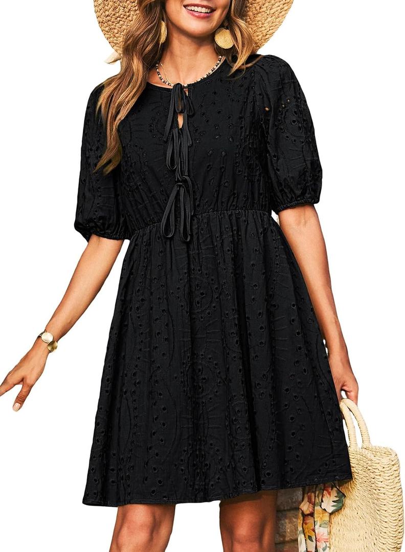 Dokotoo Summer Dresses for Women 2026 Tie Front V Neck Short Puff Sleeve Hollow Out Lace Wedding Guest Dress (M)