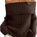 ELLEVEN Womens Off Shoulder Cable Knit Sweater, Soft Oversized Pullover for Casual Fall Winter Outfits (Small, Brown)