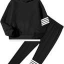 NECIOUS Girls Clothes Size 7 8 Girls Fall Outfits Winter 2 Piece Fashion Contrast Stripes Black Hoodie Tops Leggings Pants Kids Clothing Sets (Black)