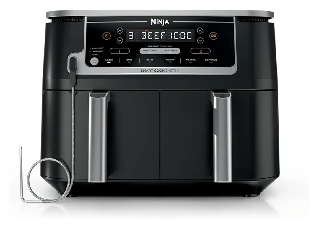 Ninja DZ550 Foodi 10 Quart 6-in-1 DualZone Smart XL Air Fryer with 2 Independent Baskets, Smart Cook Thermometer for Perfect Doneness, Match Cook & Smart Finish to Roast, Dehydrate & More, Grey