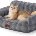 Cat Couch Bed for Indoor Cats - Orthopedic Cat Sofa with Supportive Egg Foam, Fluffy Cute Faux Fur Removable Washable Cover and Non-Slip Bottom, Grey