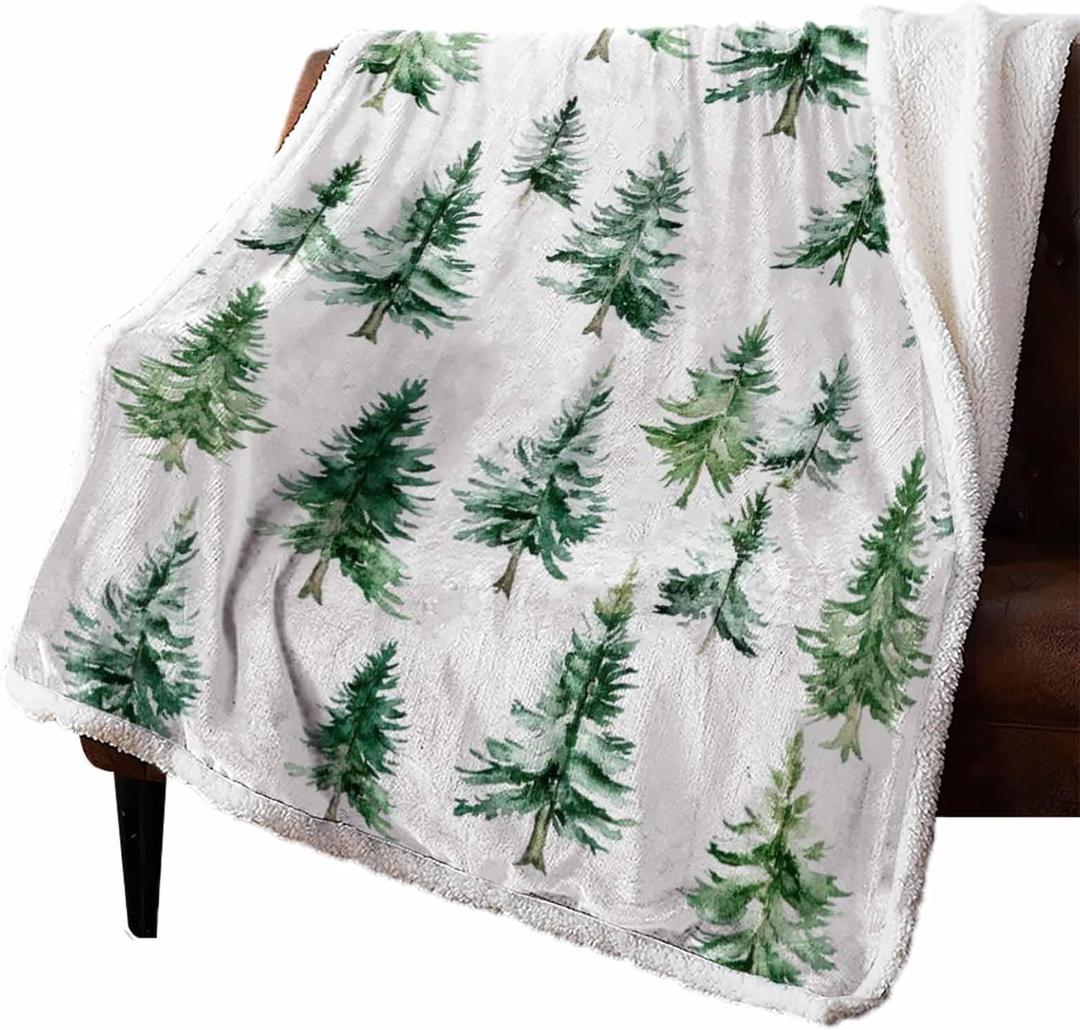 Christmas Sherpa Blanket Pine Tree Forest Sherpa Throw Blanket Soft Cozy Fuzzy Watercolor Green Fleece Flannel Plush Blankets Warm Throw Blankets for Couch Sofa Bed 50" x 60"