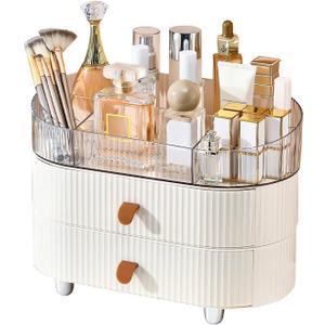 DASITON Makeup Organizer with Drawer,6 Slots Stackable Makeup Brush Holder,Skincare and Cosmetic Organizer for Bathroom Vanity Countertop Makeup Storage for Cosmetics,Brushes,Lipstick and Jewelry (1 Tray + 2 Drawer, Cream)