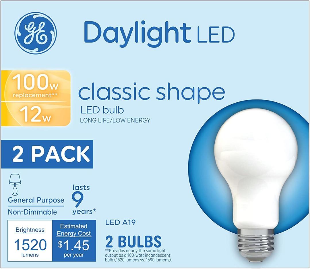 GE LED Light Bulbs, 100 Watt, Daylight, A19 (2 Pack)