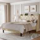 Feonase Full Size Bed Frame with Luxury Wingback and Fast Charging Station,Full Upholstered Button Tufted Storage Headboard Platform Bed, Sturdy Wooden Slats Support, Noise-Free, Easy Assembly, Beige