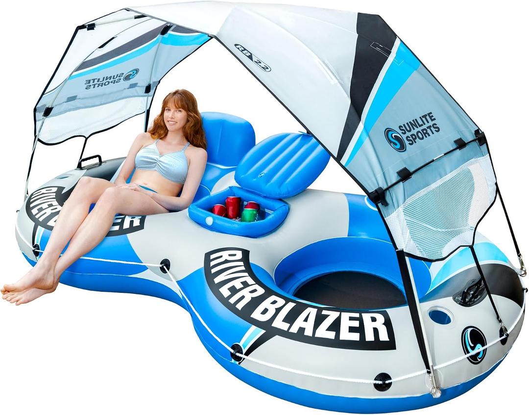 Sunlite Sports River Tube with Canopy for 1 or 2 Person - Heavy Duty Inflatable Water Float with Cup Holders, UV Sun Protection, Comfortable Lounge Design for Lake, River, Pool, X-Large