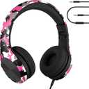 LilGadgets Connect+ Pro Wired Kids Headphones for School with Microphone, Volume Limiting Over-Ear Headset with Cord, SharePort Technology & SoftTouch Padding, Pink Camo (Printed)
