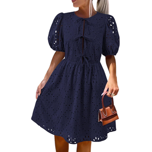 KIRUNDO Eyelet Summer Dresses for Women 2025 Short Sleeve Tie Front Babydoll A Line Wedding Guest Beach Vacation Sundress S