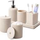 Resin 6 Pcs Beige Bathroom Set Complete with Toothbrush Holder, Lotion Soap Dispenser, 2 Qtip Holder Dispensers,Vanity Tray,Bathroom Tumbler - Countertop Vanity Organizer - Bathroom Accessories Set
