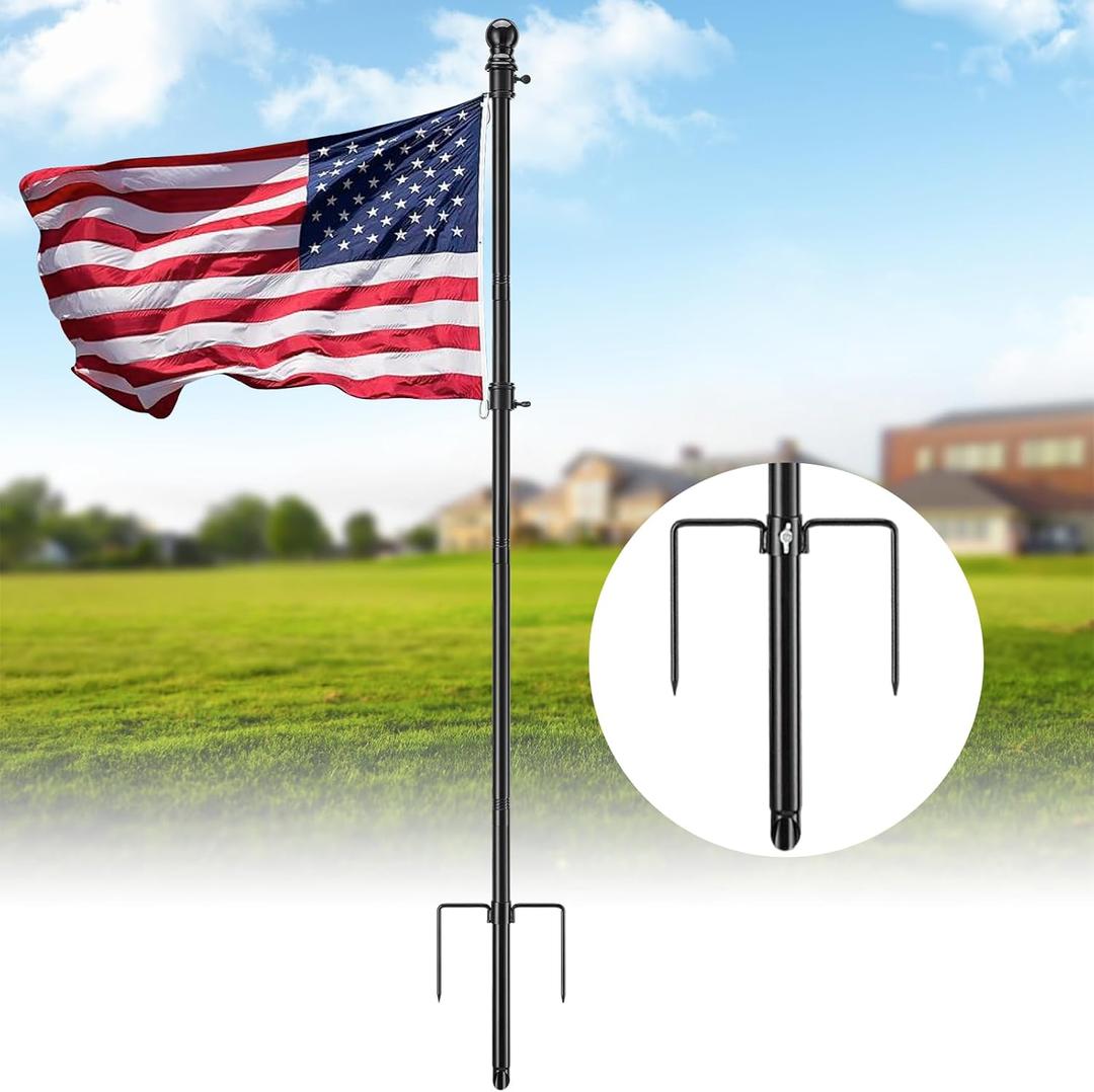 Heavy Duty Ground Flag Pole Kit - 8.5FT Tangle Free Inground Flagpole with Windproof Prong,Portable Flag Pole for Outside House,Yard,Garden,Outdoor - Black