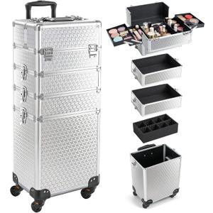Rolling Makeup Case with Lid Portable Cosmetology Case on Wheels
4 in 1 Large Cosmetic Trolley Organizer Travel for Hairstylist Artist Nail Beauty Salon Barber Cart Trunk, Load