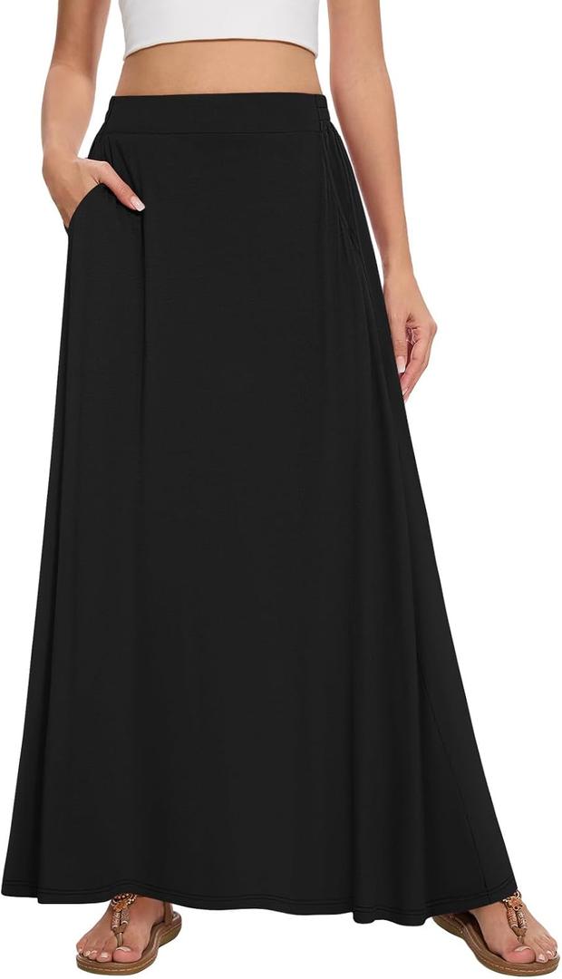 Womens Maxi A-line Long Skirt Casual 2026 Elastic High Waist Flowy Skirts with Pockets (Black, S)