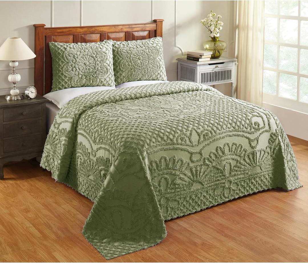 Better Trends 100% Cotton Chenille Bedspread Set Queen Size Bedspread, Soft Lightweight Sage Coverlet Bedspread Set, All Season Medallion Design 102" x 110", 2 Standard Sham