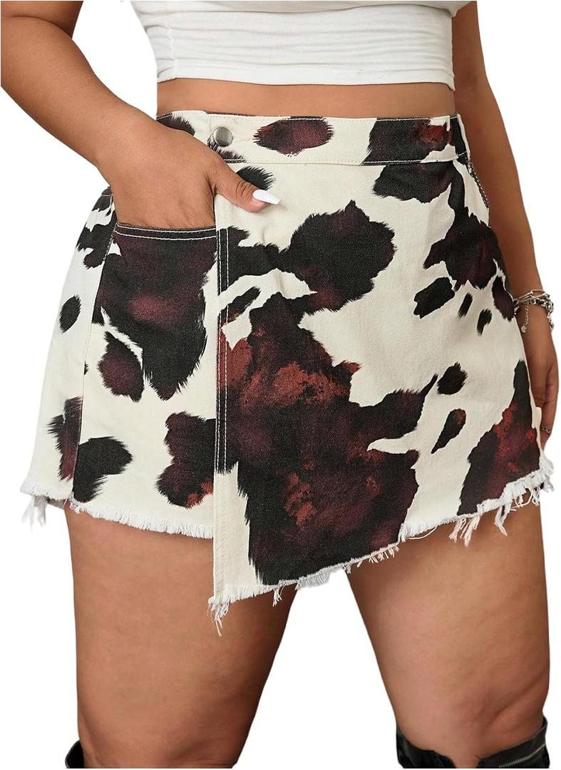 WDIRARA Women's Plus Size Cow Print Denim Skorts High Waisted Raw Hem Wrap Skirts Shorts L